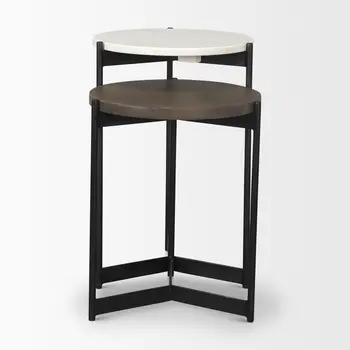 Set of Two Dark Brown and Black Marble Solid Wood and Metal Round Nested Tables