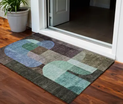 3' X 5' Brown Blue And Green Abstract Washable Indoor Outdoor Area Rug