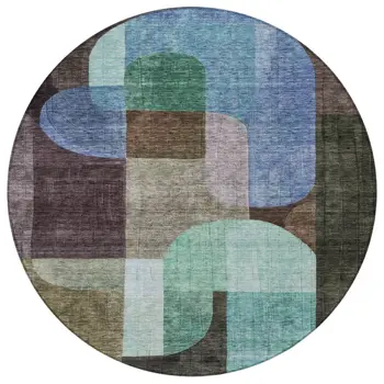 8' Brown Blue And Green Round Abstract Washable Indoor Outdoor Area Rug