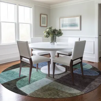 8' Brown Blue And Green Round Abstract Washable Indoor Outdoor Area Rug