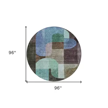 8' Brown Blue And Green Round Abstract Washable Indoor Outdoor Area Rug