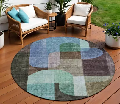 8' Brown Blue And Green Round Abstract Washable Indoor Outdoor Area Rug