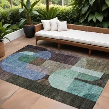 10' X 14' Brown Blue And Green Abstract Washable Indoor Outdoor Area Rug