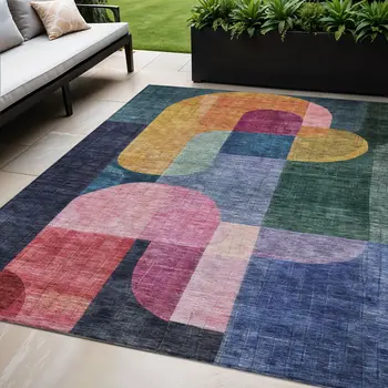 5' X 8' Green Copper And Pink Abstract Washable Indoor Outdoor Area Rug
