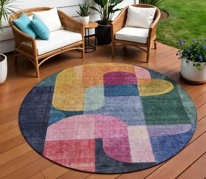 8' Green Copper And Pink Round Abstract Washable Indoor Outdoor Area Rug