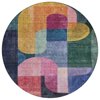 8' Green Copper And Pink Round Abstract Washable Indoor Outdoor Area Rug