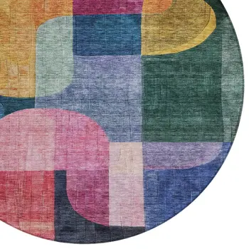 8' Green Copper And Pink Round Abstract Washable Indoor Outdoor Area Rug