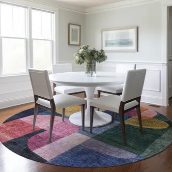8' Green Copper And Pink Round Abstract Washable Indoor Outdoor Area Rug