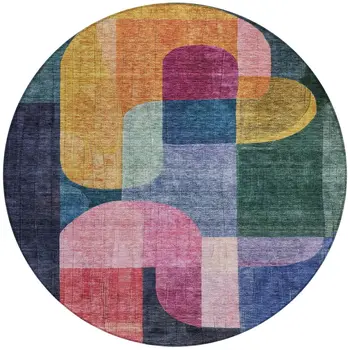 8' Green Copper And Pink Round Abstract Washable Indoor Outdoor Area Rug