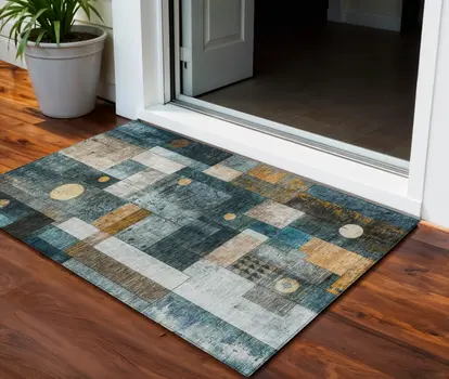 3' X 5' Teal Blue Gray And Gold Geometric Washable Indoor Outdoor Area Rug
