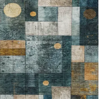 3' X 5' Teal Blue Gray And Gold Geometric Washable Indoor Outdoor Area Rug