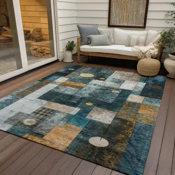 5' X 8' Teal Blue Gray And Gold Geometric Washable Indoor Outdoor Area Rug