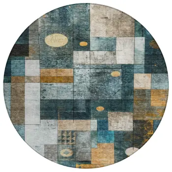 8' Teal Blue Gray And Gold Round Geometric Washable Indoor Outdoor Area Rug