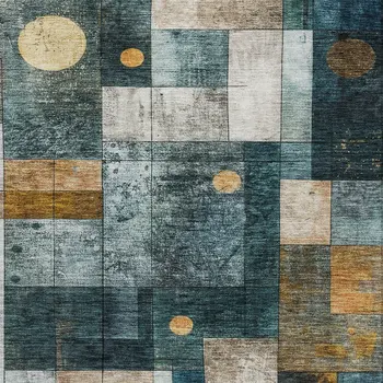 8' X 10' Teal Blue Gray And Gold Geometric Washable Indoor Outdoor Area Rug
