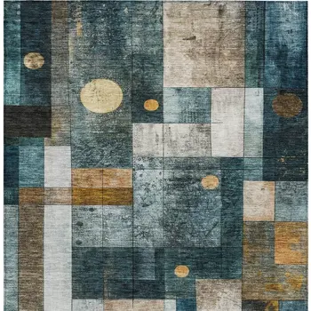 9' X 12' Teal Blue Gray And Gold Geometric Washable Indoor Outdoor Area Rug