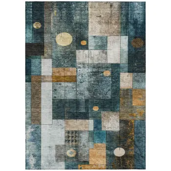 9' X 12' Teal Blue Gray And Gold Geometric Washable Indoor Outdoor Area Rug