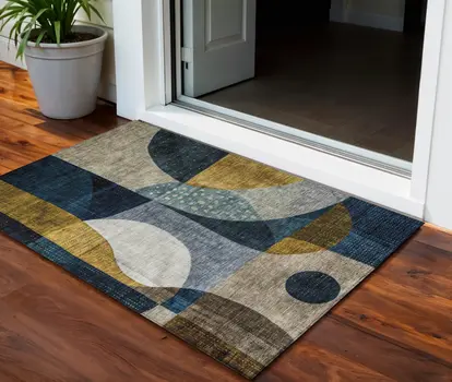 3' X 5' Blue Gold And Gray Abstract Washable Indoor Outdoor Area Rug