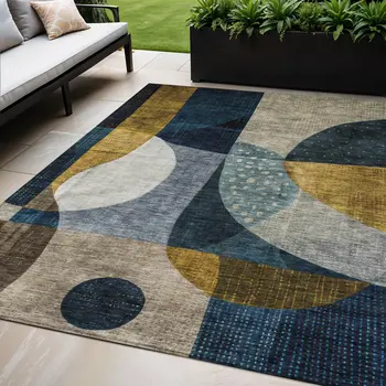 5' X 8' Blue Gold And Gray Abstract Washable Indoor Outdoor Area Rug