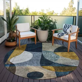 8' Blue Gold And Gray Round Abstract Washable Indoor Outdoor Area Rug