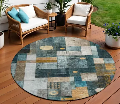 8' Blue Gold And Gray Round Abstract Washable Indoor Outdoor Area Rug