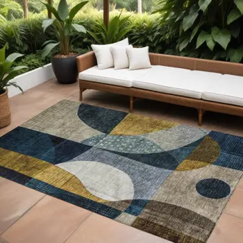9' X 12' Blue Gold And Gray Abstract Washable Indoor Outdoor Area Rug