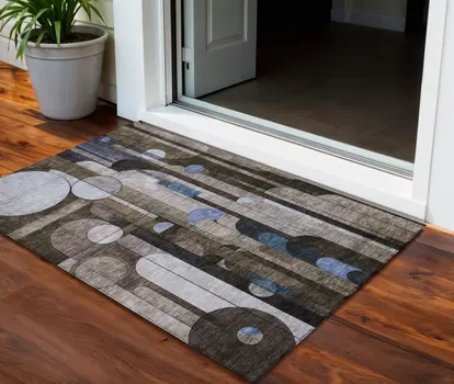 3' X 5' Brown Gray And Blue Geometric Washable Indoor Outdoor Area Rug