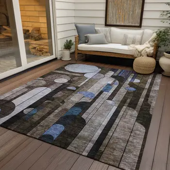 5' X 8' Brown Gray And Blue Geometric Washable Indoor Outdoor Area Rug