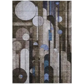 5' X 8' Brown Gray And Blue Geometric Washable Indoor Outdoor Area Rug