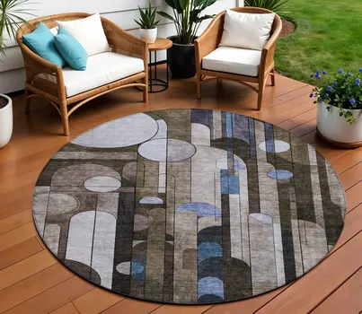 8' Brown Gray And Blue Round Geometric Washable Indoor Outdoor Area Rug