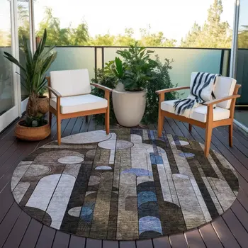 8' Brown Gray And Blue Round Geometric Washable Indoor Outdoor Area Rug