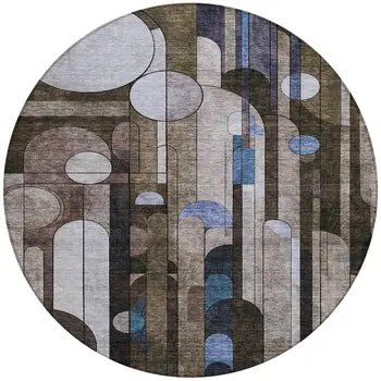 8' Brown Gray And Blue Round Geometric Washable Indoor Outdoor Area Rug
