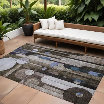 10' X 14' Brown Gray And Blue Geometric Washable Indoor Outdoor Area Rug