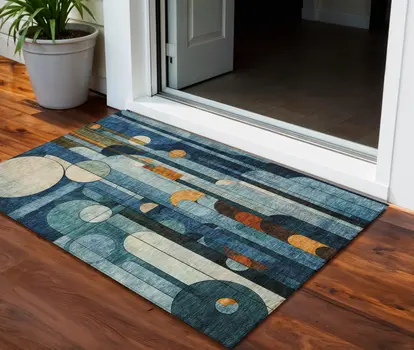 3' X 5' Blue Ivory And Copper Geometric Washable Indoor Outdoor Area Rug