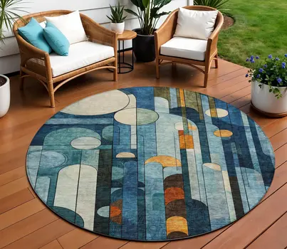 8' Blue Ivory And Copper Round Geometric Washable Indoor Outdoor Area Rug