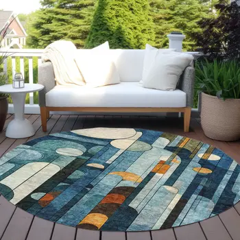 8' Blue Ivory And Copper Round Geometric Washable Indoor Outdoor Area Rug