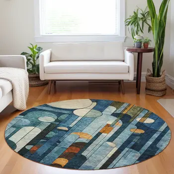 8' Blue Ivory And Copper Round Geometric Washable Indoor Outdoor Area Rug
