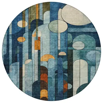 8' Blue Ivory And Copper Round Geometric Washable Indoor Outdoor Area Rug