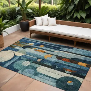 9' X 12' Blue Ivory And Copper Geometric Washable Indoor Outdoor Area Rug