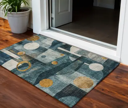 3' X 5' Teal Blue Ivory And Gold Geometric Washable Indoor Outdoor Area Rug