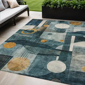 5' X 8' Teal Blue Ivory And Gold Geometric Washable Indoor Outdoor Area Rug