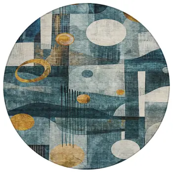 8' Teal Blue Ivory And Gold Round Geometric Washable Indoor Outdoor Area Rug