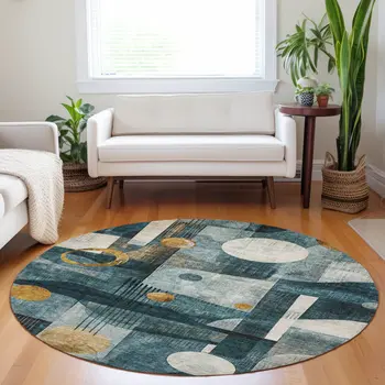 8' Teal Blue Ivory And Gold Round Geometric Washable Indoor Outdoor Area Rug