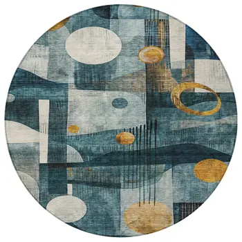 8' Teal Blue Ivory And Gold Round Geometric Washable Indoor Outdoor Area Rug