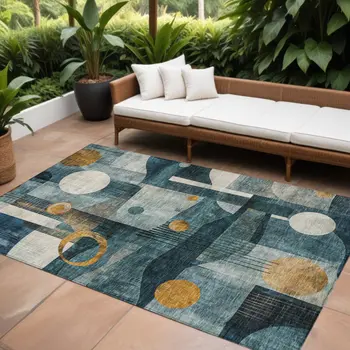 10' X 14' Teal Blue Ivory And Gold Geometric Washable Indoor Outdoor Area Rug