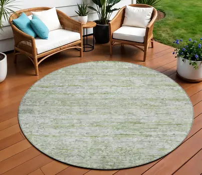 8' Artichoke Green And Ivory Round Striped Washable Indoor Outdoor Area Rug
