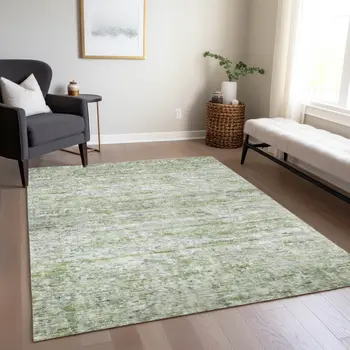 8' X 10' Artichoke Green And Ivory Striped Washable Indoor Outdoor Area Rug
