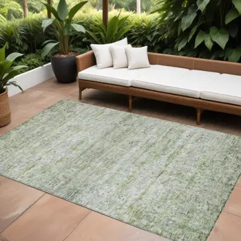 9' X 12' Artichoke Green And Ivory Striped Washable Indoor Outdoor Area Rug