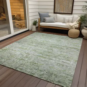 10' X 14' Artichoke Green And Ivory Striped Washable Indoor Outdoor Area Rug