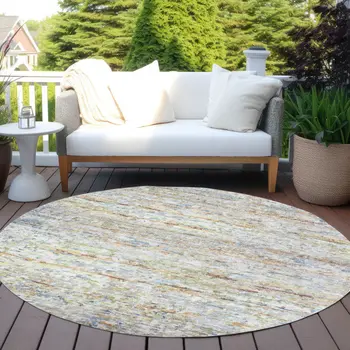 8' Copper Blue And Green Round Striped Washable Indoor Outdoor Area Rug