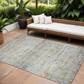 9' X 12' Copper Blue And Green Striped Washable Indoor Outdoor Area Rug